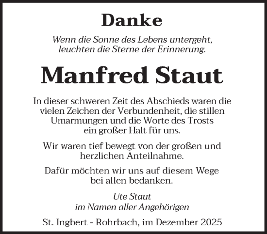 Traueranzeige von Manfred Staut von saarbruecker_zeitung