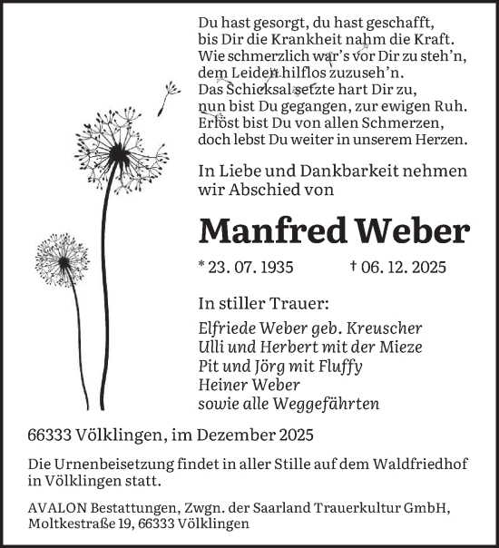 Traueranzeige von Manfred Weber von saarbruecker_zeitung