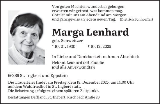 Traueranzeige von Marga Lenhard von saarbruecker_zeitung