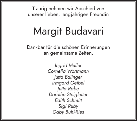 Traueranzeige von Margit Budavari von saarbruecker_zeitung