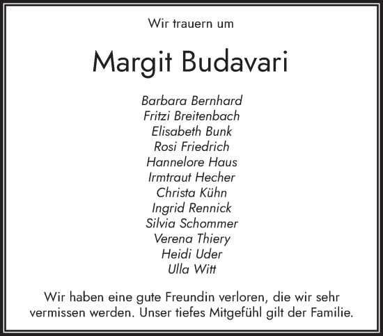 Traueranzeige von Margit Budavari von saarbruecker_zeitung