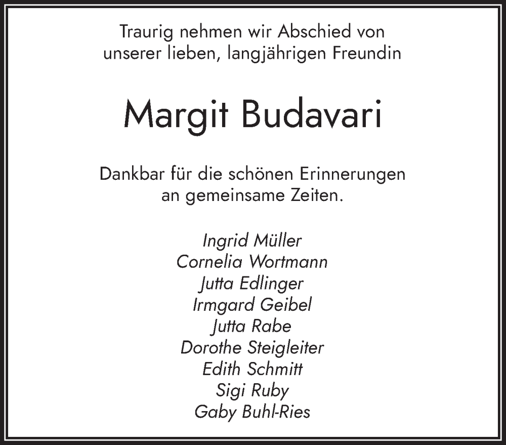  Traueranzeige für Margit Budavari vom 27.12.2025 aus saarbruecker_zeitung