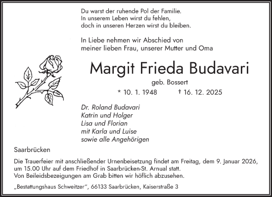 Traueranzeige von Margit Frieda Budavari von saarbruecker_zeitung