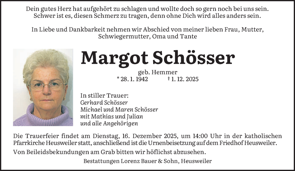  Traueranzeige für Margot Schösser vom 06.12.2025 aus saarbruecker_zeitung
