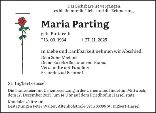 Traueranzeige von Maria Parting von saarbruecker_zeitung