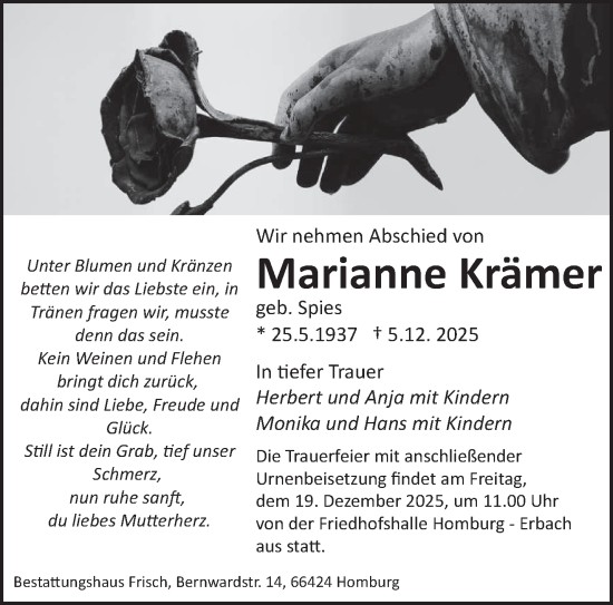 Traueranzeige von Marianne Krämer von saarbruecker_zeitung