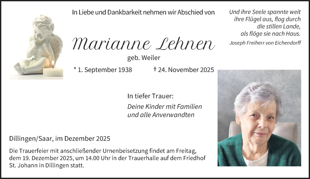  Traueranzeige für Marianne Lehnen vom 13.12.2025 aus saarbruecker_zeitung