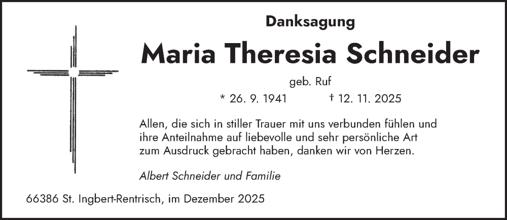  Traueranzeige für Maria Theresia Schneider vom 06.12.2025 aus saarbruecker_zeitung