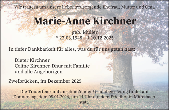 Traueranzeige von Marie-Anne Kirchner von saarbruecker_zeitung