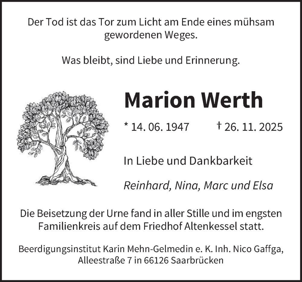  Traueranzeige für Marion Werth vom 20.12.2025 aus saarbruecker_zeitung