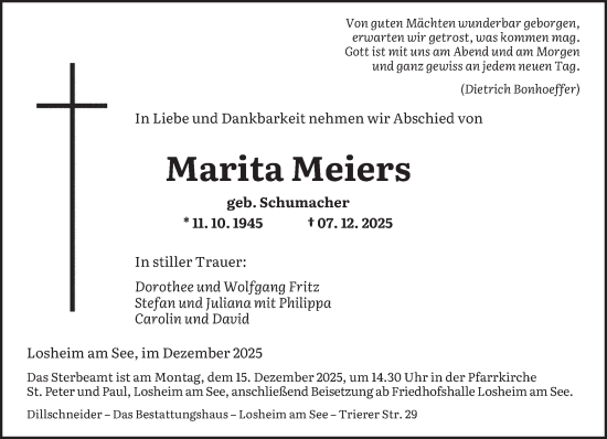 Traueranzeige von Marita Meiers von saarbruecker_zeitung
