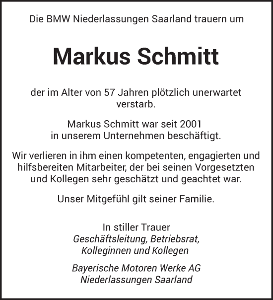 Traueranzeige von Markus Schmitt von saarbruecker_zeitung