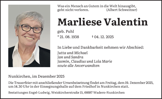 Traueranzeige von Marliese Valentin von saarbruecker_zeitung