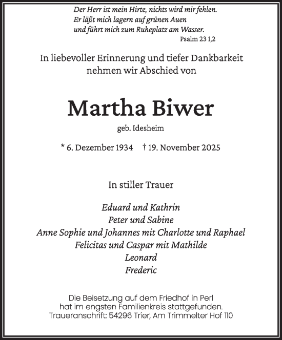 Traueranzeige von Martha Biwer von saarbruecker_zeitung
