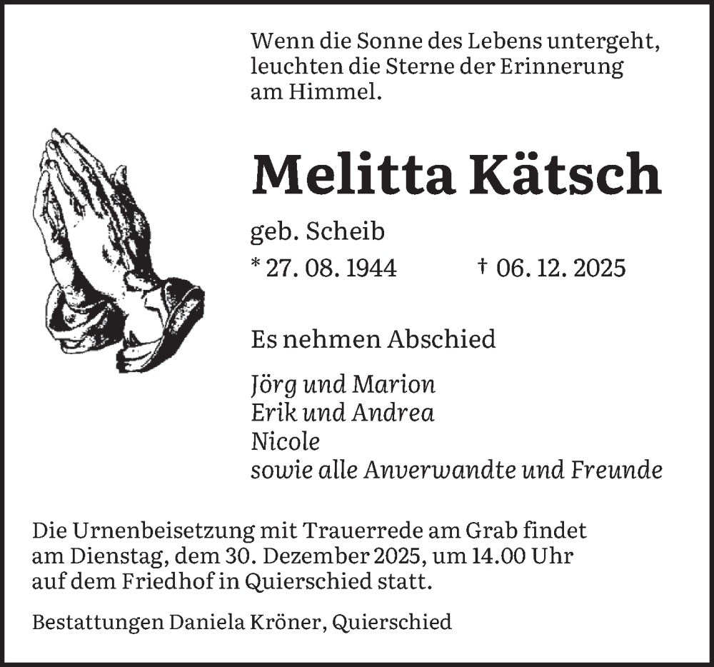  Traueranzeige für Melitta Kätsch vom 20.12.2025 aus saarbruecker_zeitung