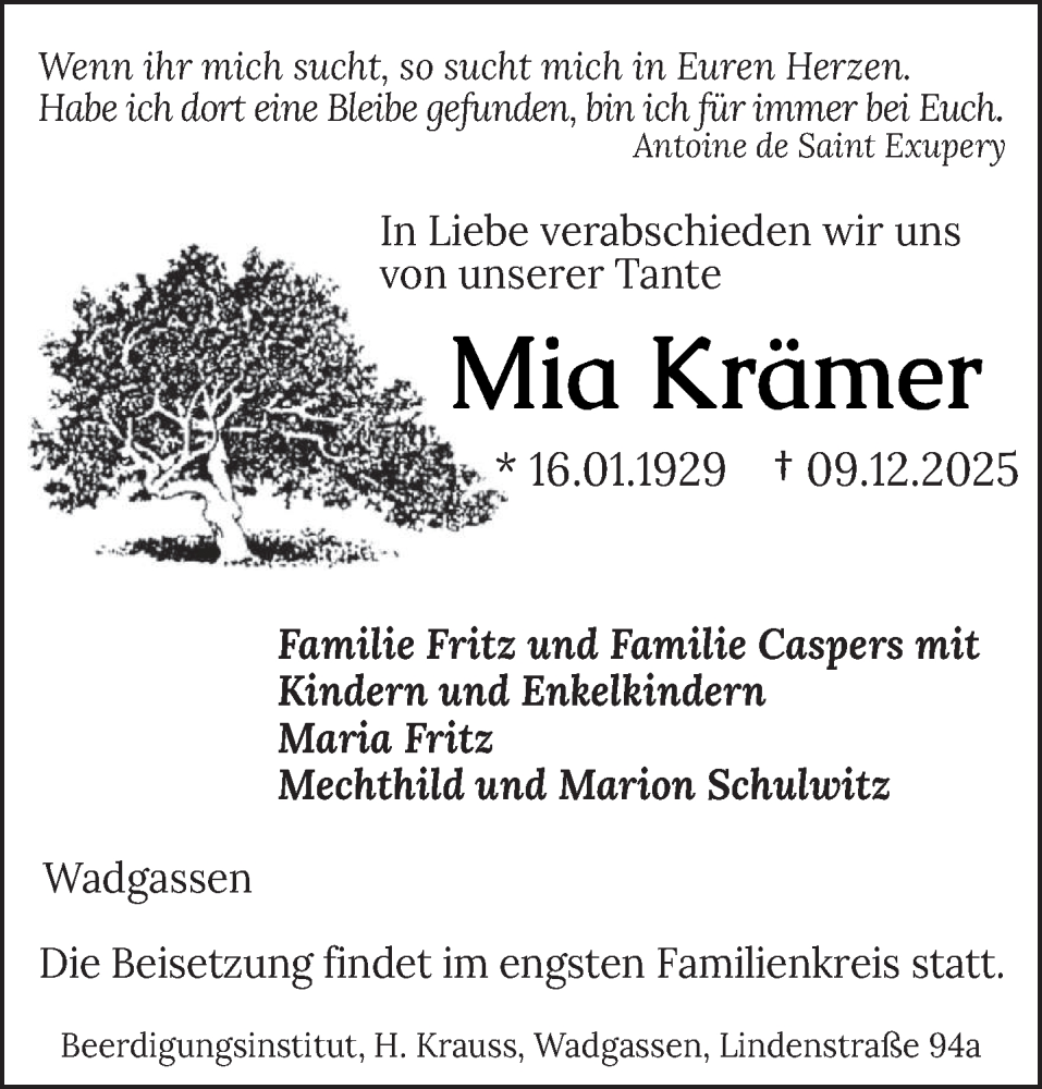  Traueranzeige für Mia Krämer vom 13.12.2025 aus saarbruecker_zeitung