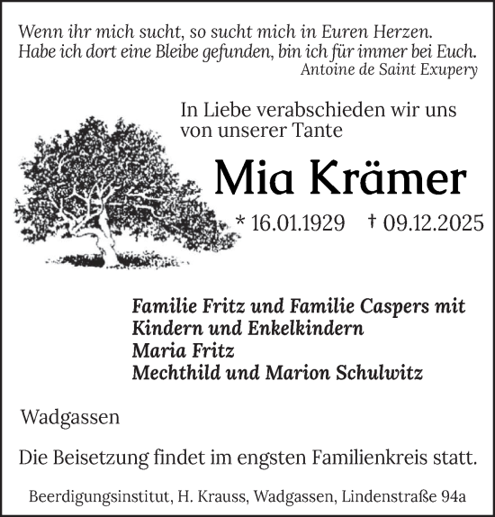 Traueranzeige von Mia Krämer von saarbruecker_zeitung
