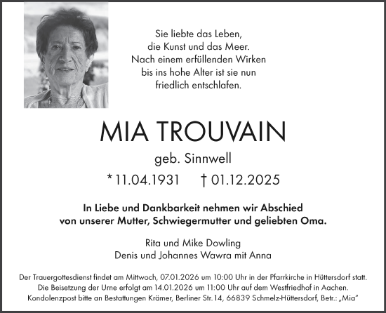 Traueranzeige von Mia Trouvain von saarbruecker_zeitung