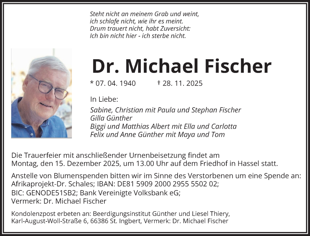 Traueranzeige für Michael Fischer vom 06.12.2025 aus saarbruecker_zeitung