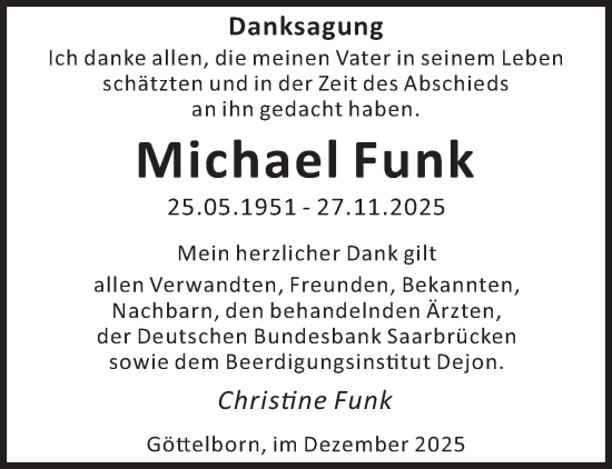 Traueranzeige von Michael Funk von saarbruecker_zeitung