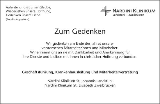 Traueranzeige von Nachruf Nardini Klinikum von saarbruecker_zeitung