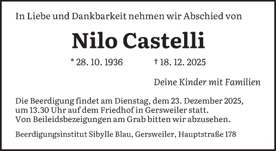 Traueranzeige von Nilo Castelli von saarbruecker_zeitung