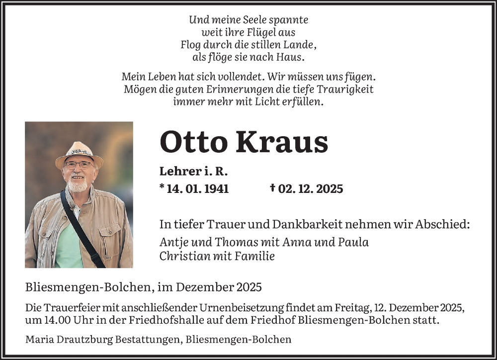  Traueranzeige für Otto Kraus vom 06.12.2025 aus saarbruecker_zeitung