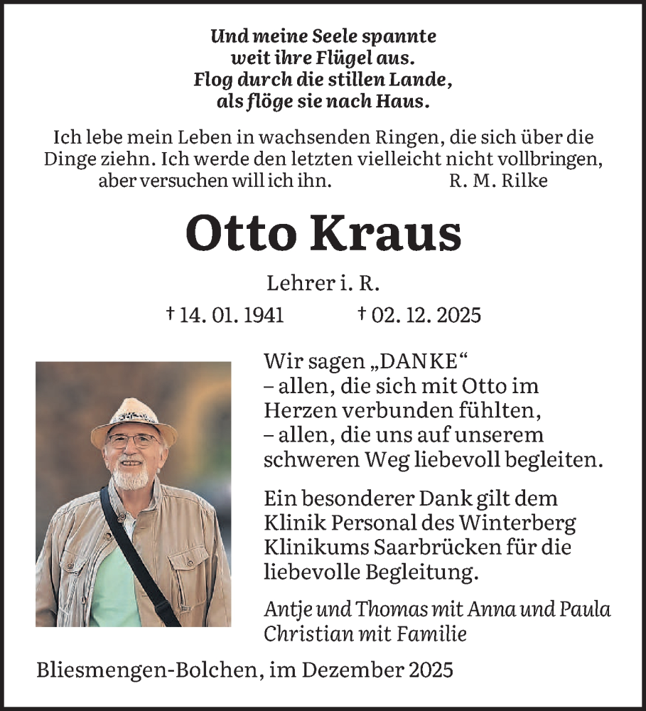  Traueranzeige für Otto Kraus vom 20.12.2025 aus saarbruecker_zeitung