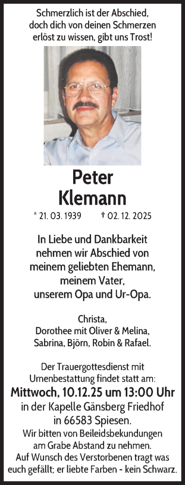 Traueranzeige von Peter Klemann von saarbruecker_zeitung
