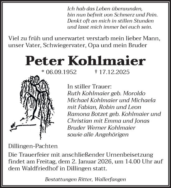 Traueranzeige von Peter Kohlmaier von saarbruecker_zeitung