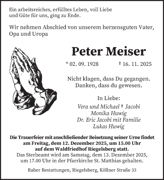 Traueranzeige von Peter Meiser von saarbruecker_zeitung