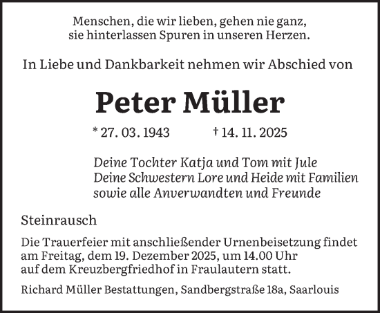 Traueranzeige von Peter Müller von saarbruecker_zeitung