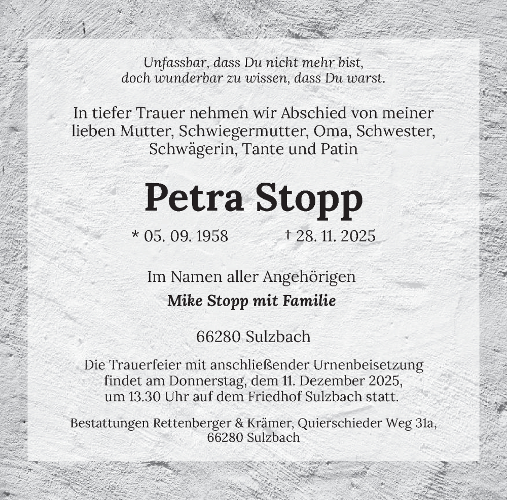  Traueranzeige für Petra Stopp vom 06.12.2025 aus saarbruecker_zeitung