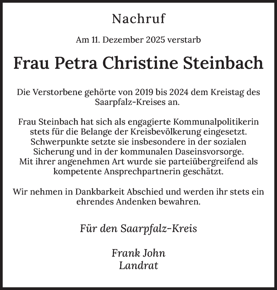  Traueranzeige für Petra Christine Steinbach vom 20.12.2025 aus saarbruecker_zeitung