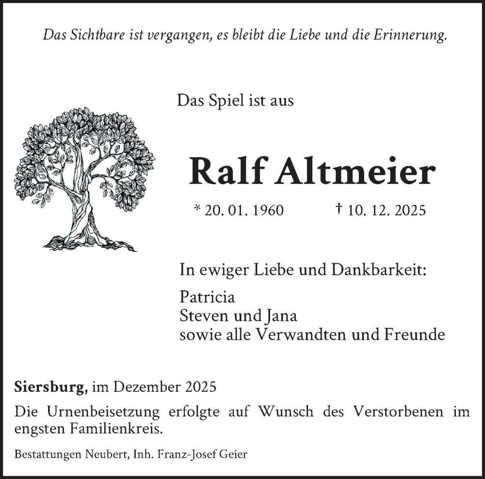  Traueranzeige für Ralf Altmeier vom 27.12.2025 aus saarbruecker_zeitung