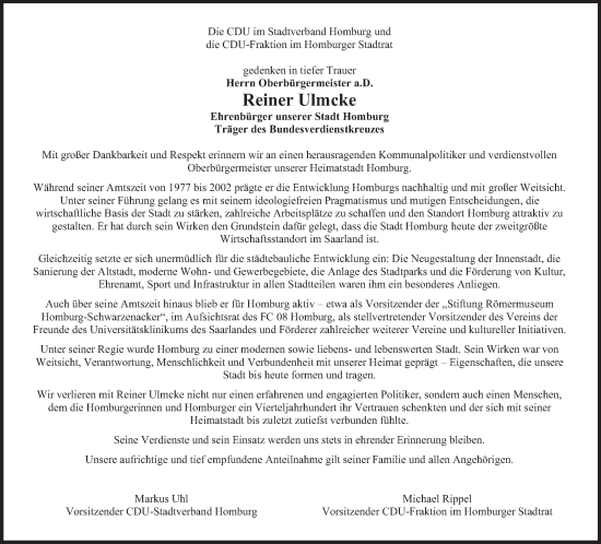 Traueranzeige von Reiner Ulmcke von saarbruecker_zeitung
