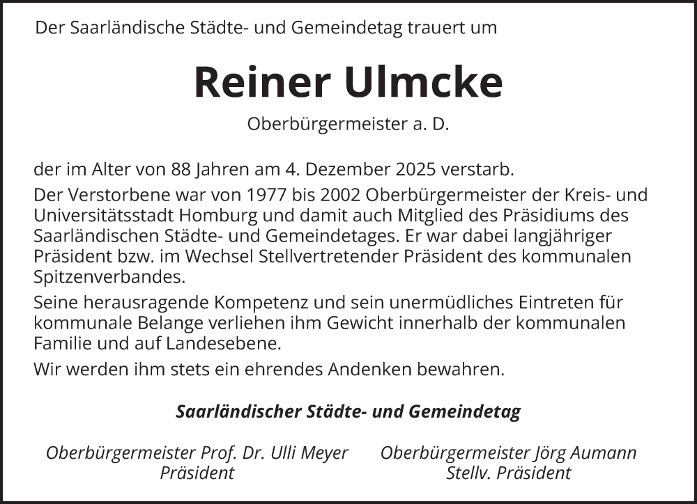  Traueranzeige für Reiner Ulmcke vom 13.12.2025 aus saarbruecker_zeitung