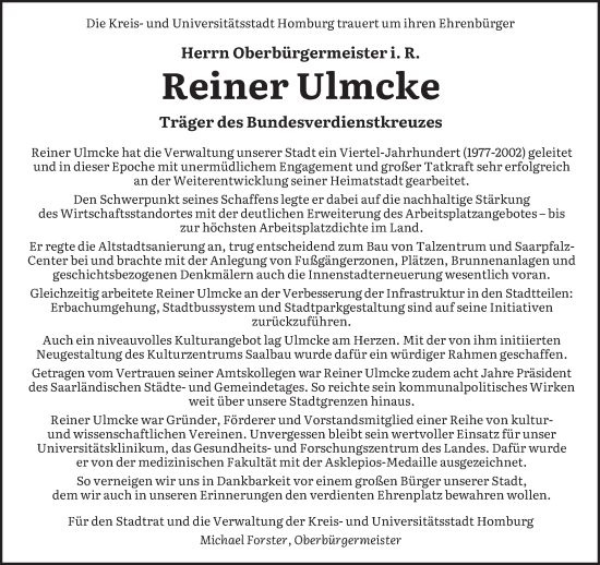 Traueranzeige von Reiner Ulmcke von saarbruecker_zeitung