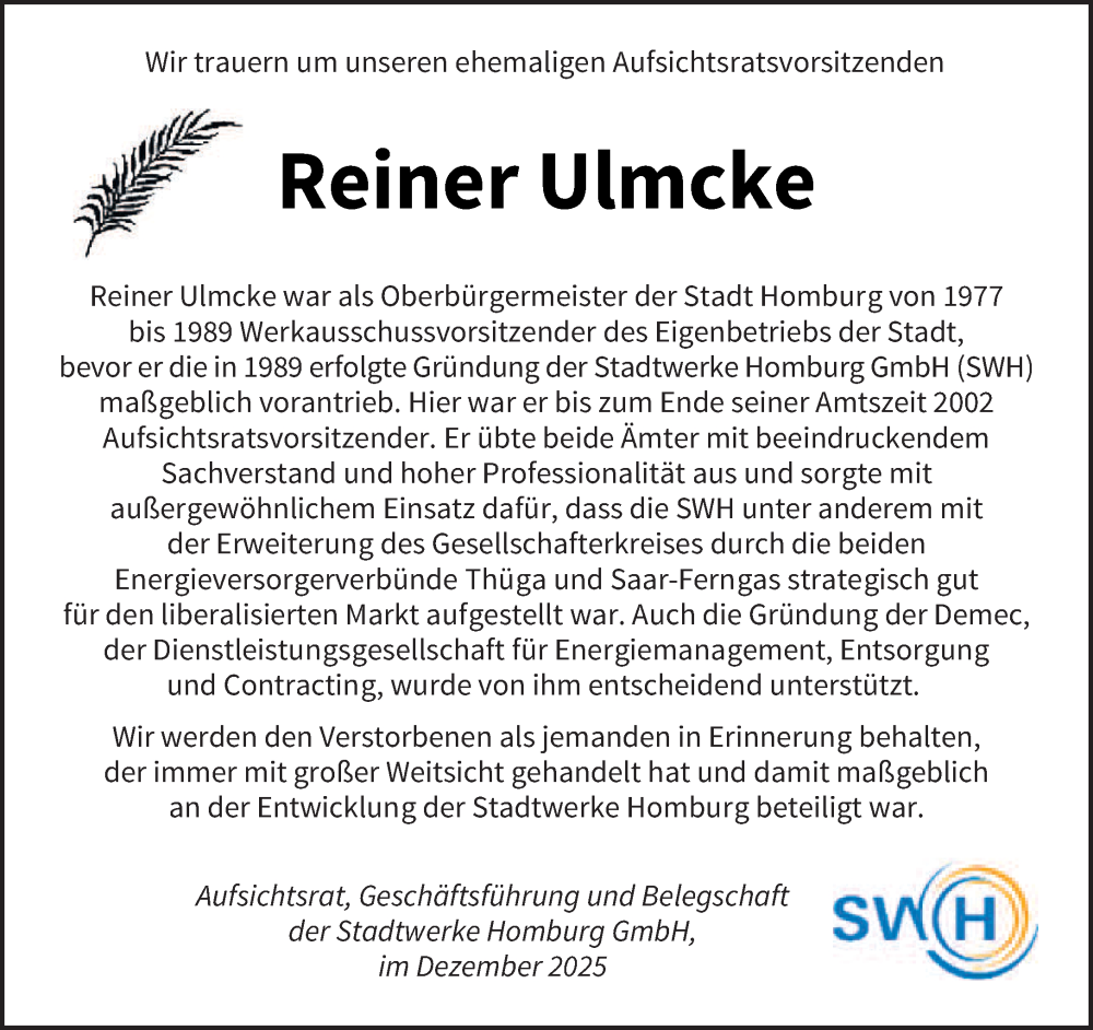  Traueranzeige für Reiner Ulmcke vom 13.12.2025 aus saarbruecker_zeitung