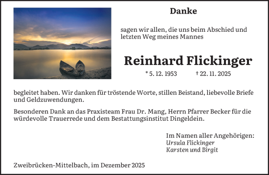 Traueranzeige von Reinhard Flickinger von saarbruecker_zeitung