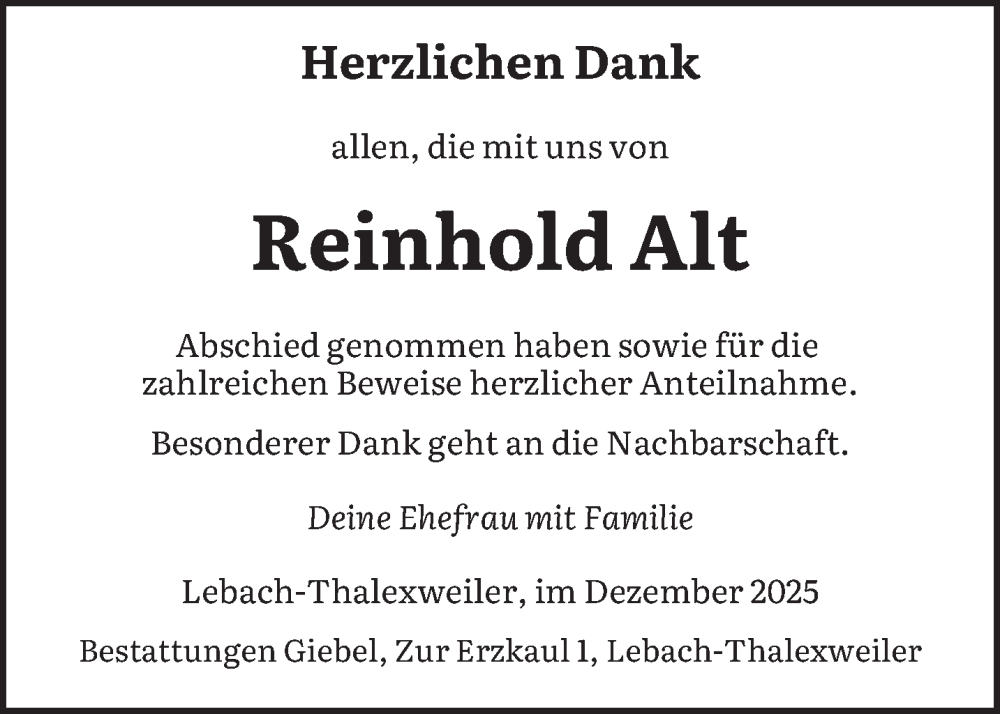  Traueranzeige für Reinhold Alt vom 20.12.2025 aus saarbruecker_zeitung