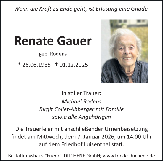 Traueranzeige von Renate Gauer von saarbruecker_zeitung