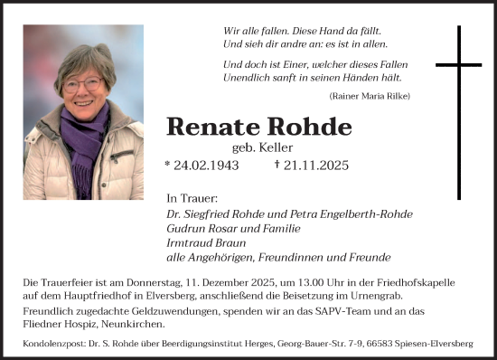 Traueranzeige von Renate Rohde von saarbruecker_zeitung