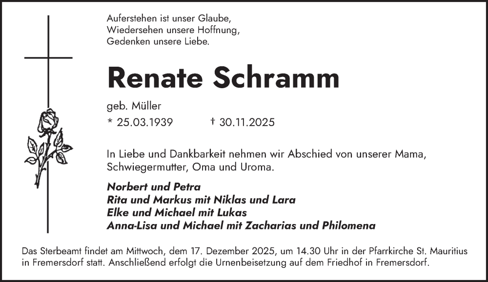  Traueranzeige für Renate Schramm vom 13.12.2025 aus saarbruecker_zeitung