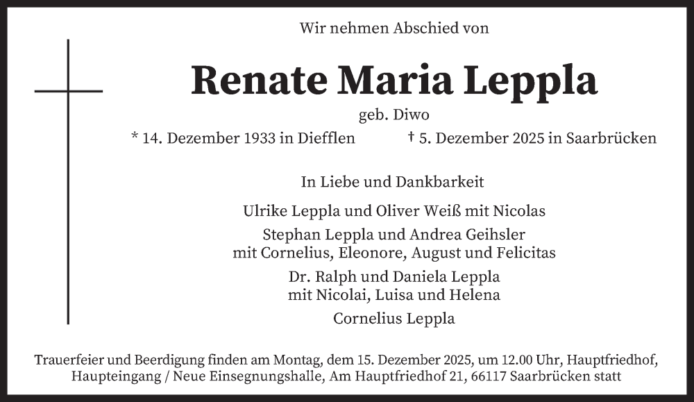  Traueranzeige für Renate Maria Leppla vom 12.12.2025 aus saarbruecker_zeitung