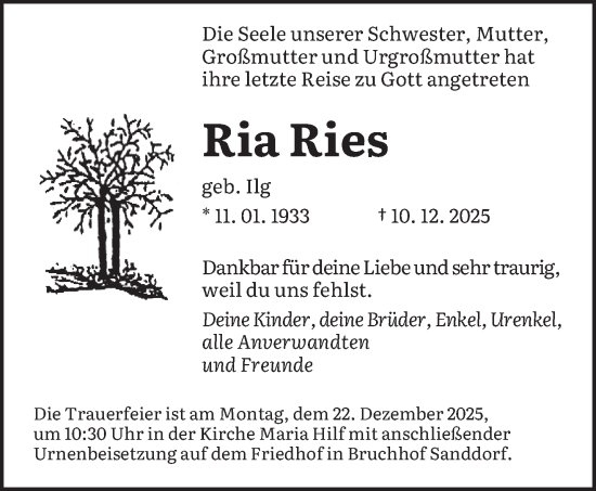 Traueranzeige von Ria Ries von saarbruecker_zeitung