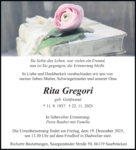 Traueranzeige von Rita Gregori von saarbruecker_zeitung