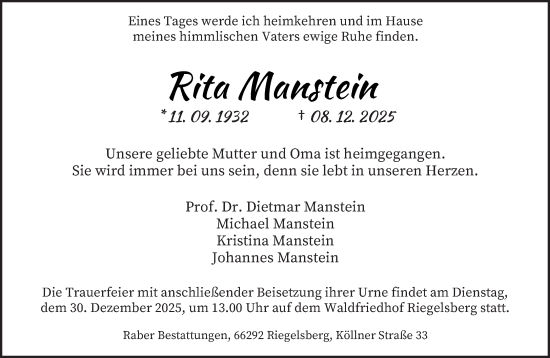 Traueranzeige von Rita Manstein von saarbruecker_zeitung