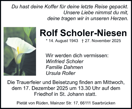 Traueranzeige von Rolf Scholer-Niesen von saarbruecker_zeitung