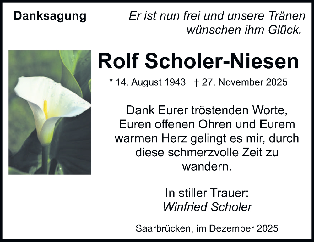  Traueranzeige für Rolf Scholer-Niesen vom 27.12.2025 aus saarbruecker_zeitung